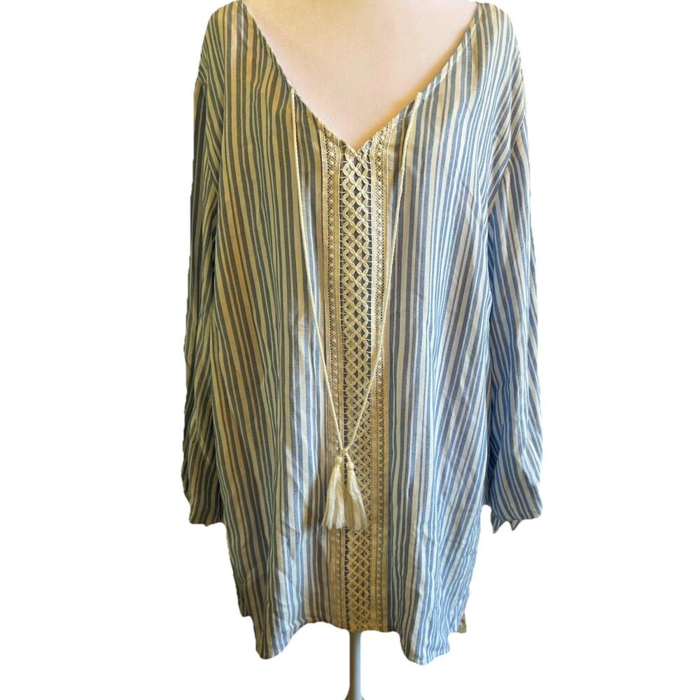 Alyx Womens Striped 3/4 Sleeve Top 1X Blue/White Striped Tassel Fairy Boho